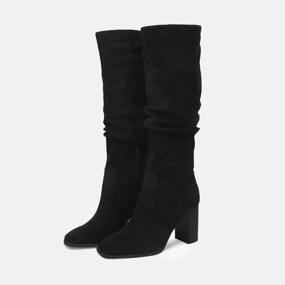 Women's Black Chunky High Heel Square Zipper Wide Calf Knee High Boots